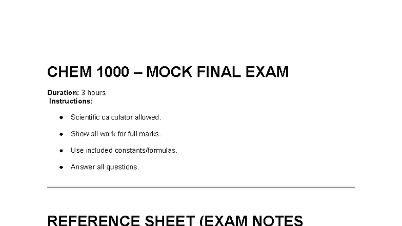CHEM 101 MOCK FINAL EXAM Study Guide and Practice Test - Studocu