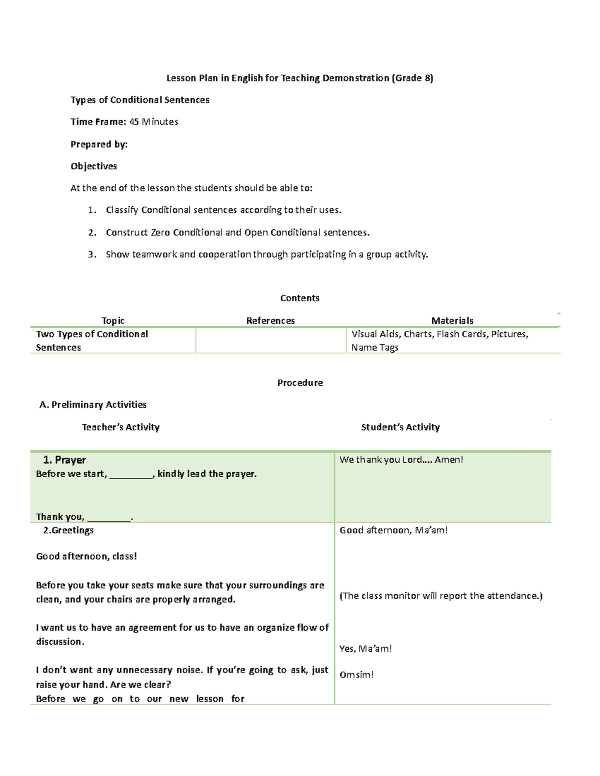 Lesson Plan: Conditional Sentences for Grade 8 Teaching (45 min) - Studocu