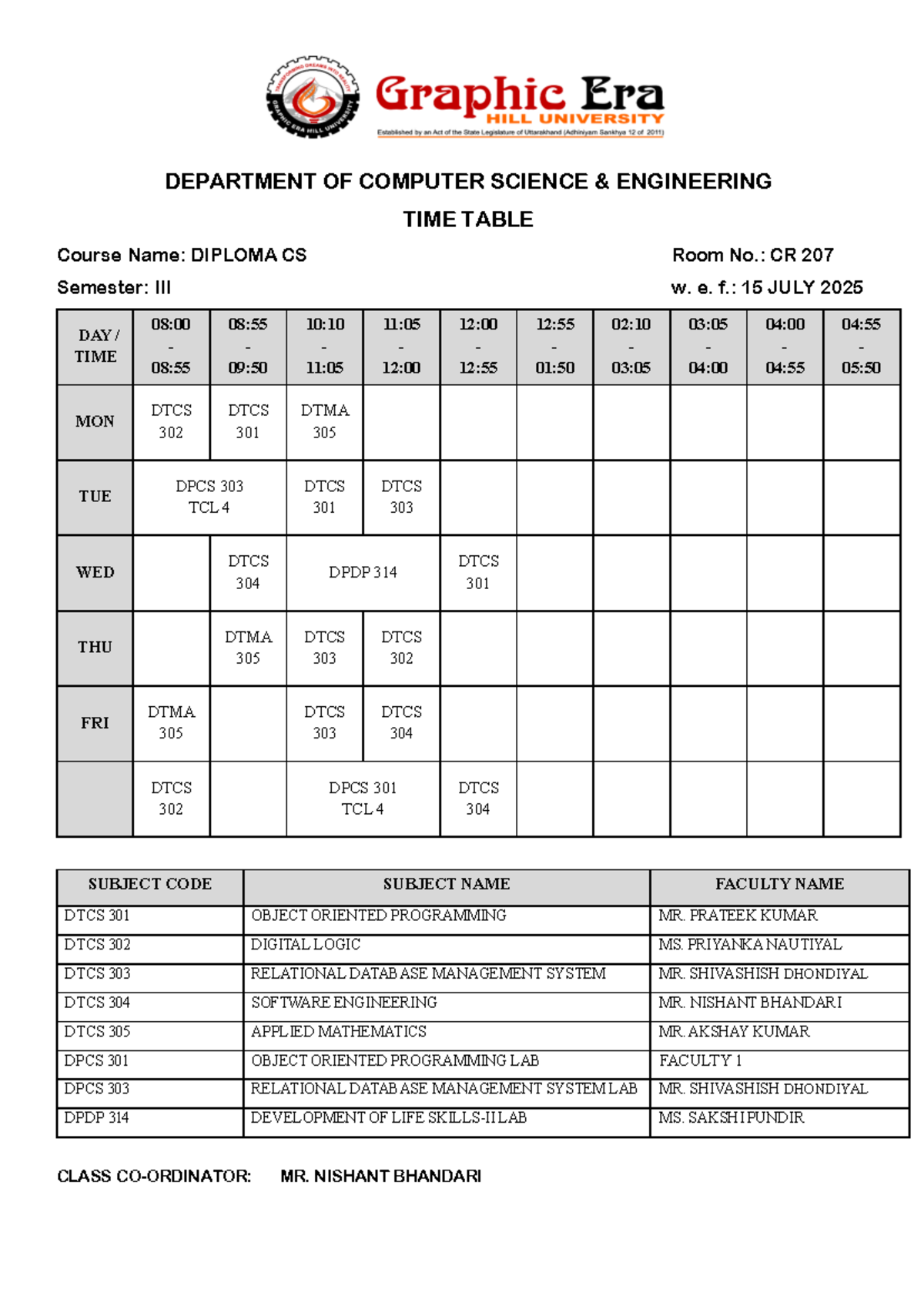 Diploma CS 3rd Sem Time Table (Effective 15 July 2025) - Studocu