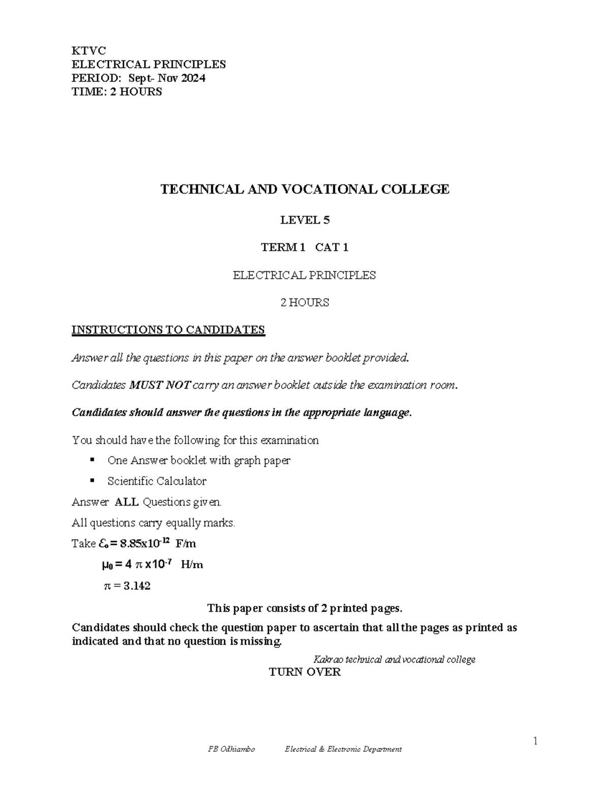 FBO PRIN CAT Level 5 - Electrical Principles Exam Paper September 2024 ...