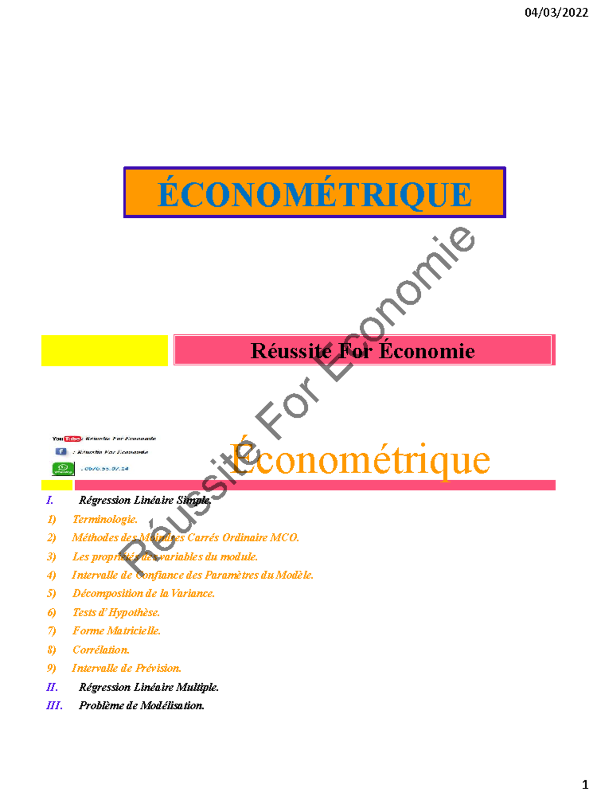 ÉCONOMÉTRIE S6 : Régression Linéaire Simple et Méthodes MCO - Studocu