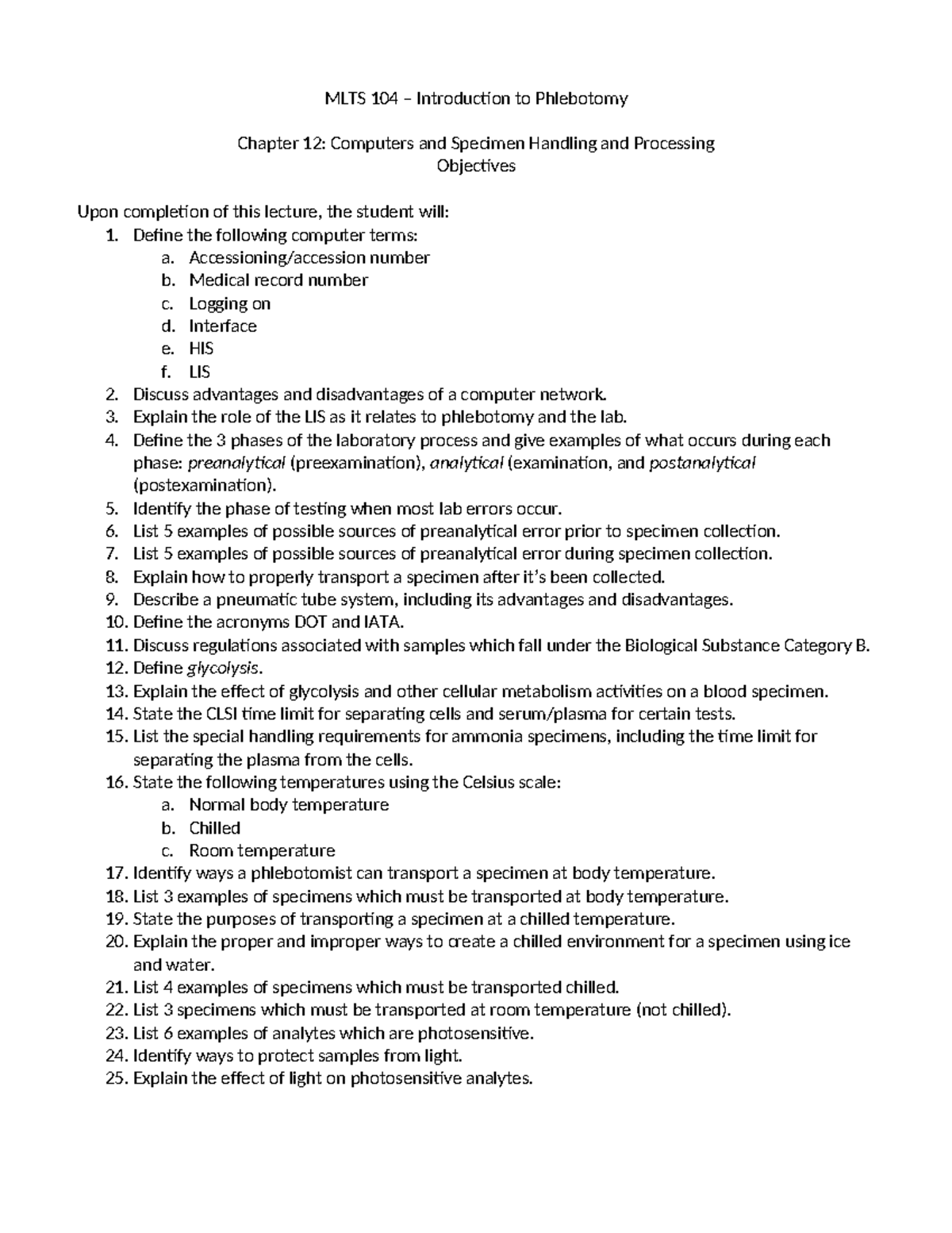 MLTS 104 Lecture Notes: Computers & Specimen Handling in Phlebotomy ...