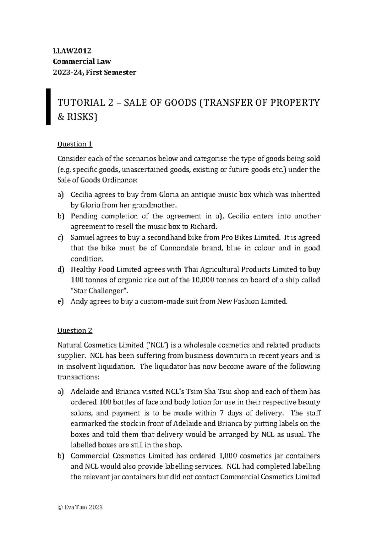 LLAW2012 Commercial Law Tutorial 2 - Sale of Goods Analysis - Studocu