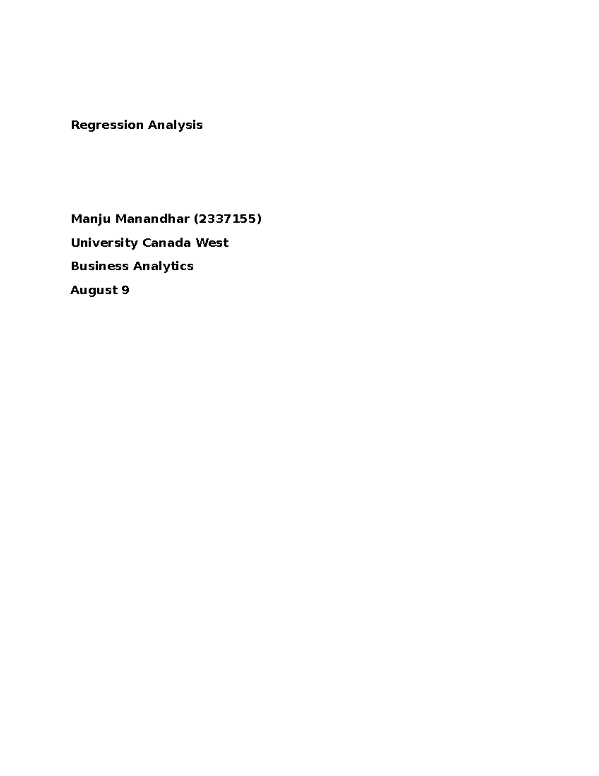 BUSI 650: Regression Analysis Assignment by Manju Manandhar - Studocu