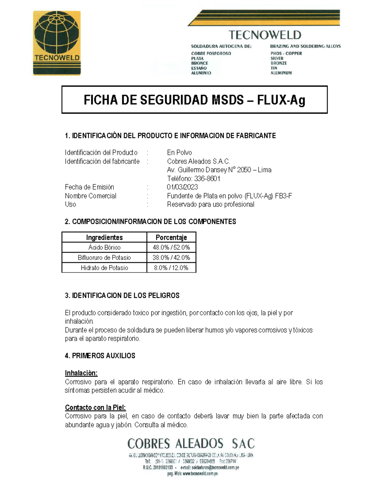 Ficha de Seguridad MSDS FLUX-Ag: Información y Precauciones - Studocu