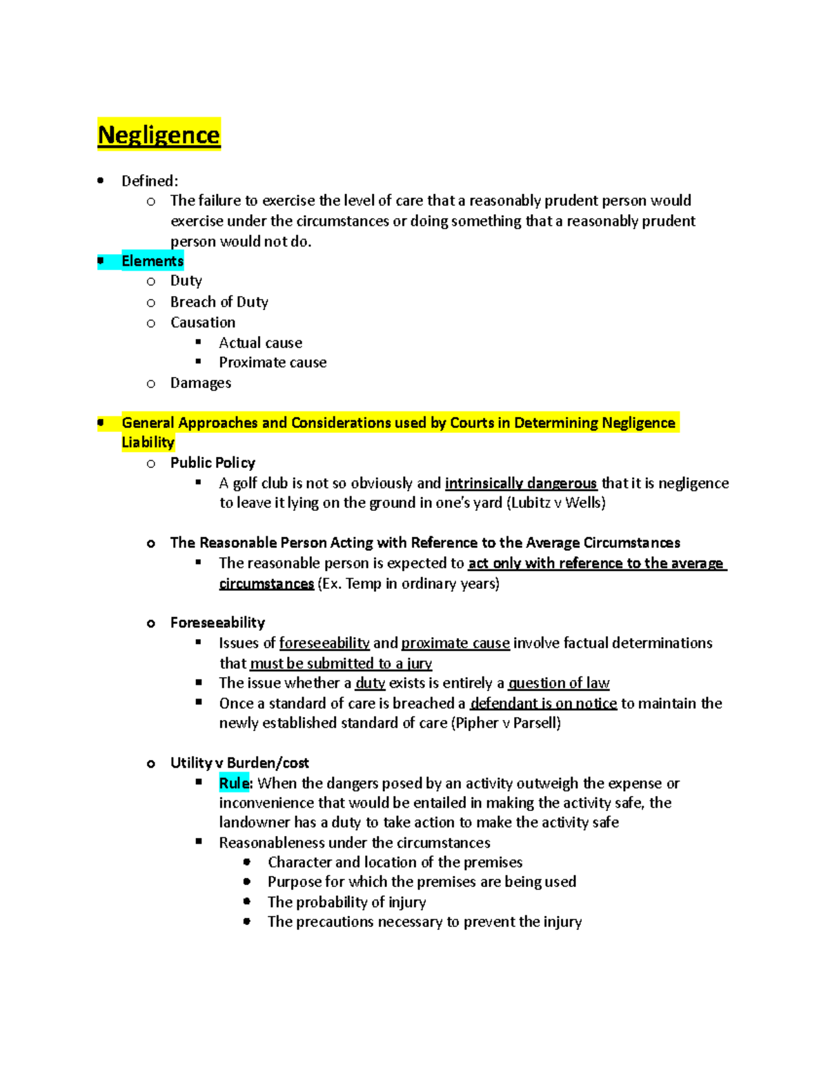 Final Exam Outline - Negligence Concepts and Case Law Notes - Studocu