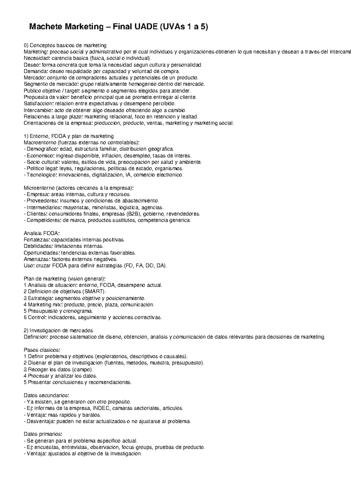 Machete Marketing Final UADE: Conceptos y Estrategias Clave - Studocu