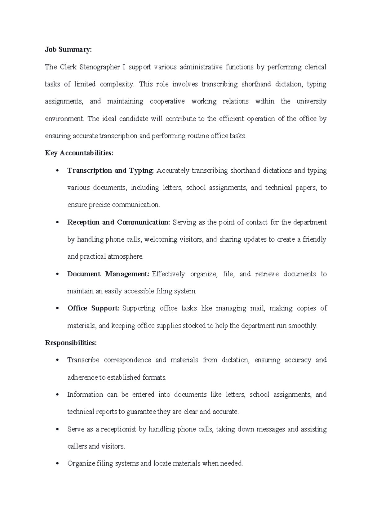 Job Description Draft - Job Summary: The Clerk Stenographer I support ...