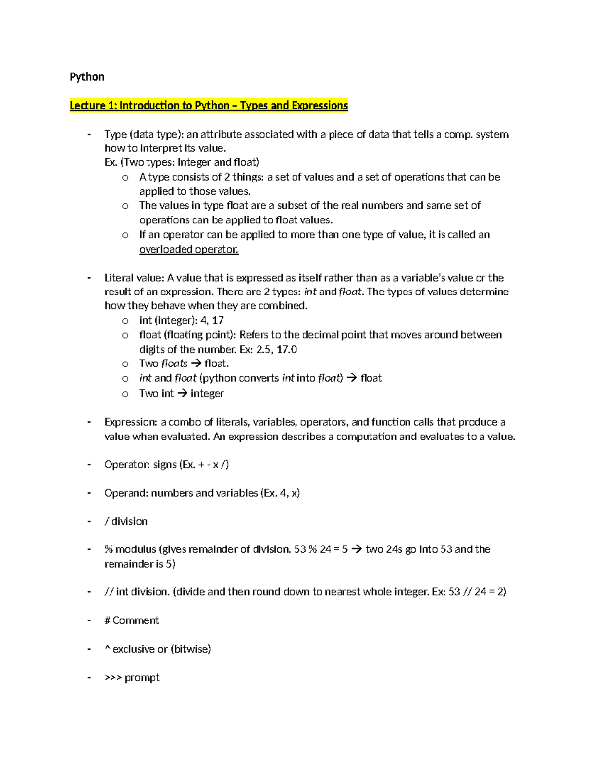 Python (CS101) - Lecture 1 & 2 Notes: Intro to Types and Expressions ...