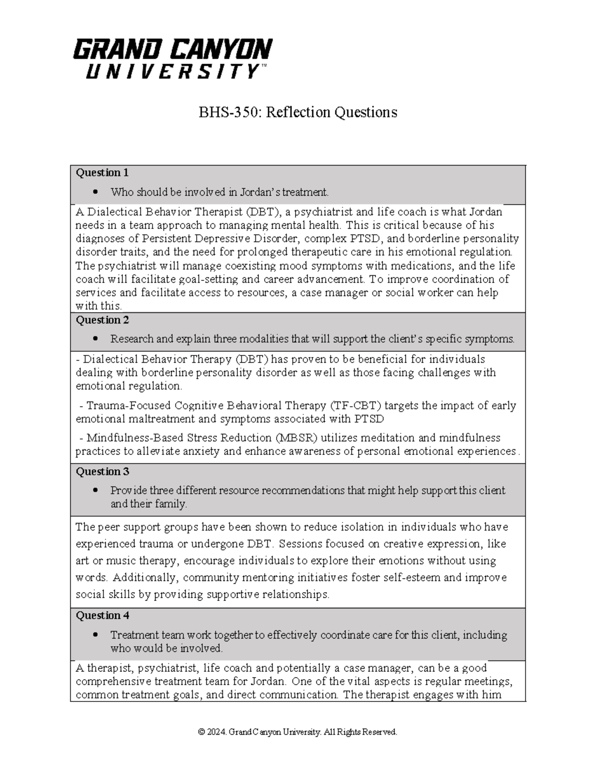 BHS 350 RS T7 Reflection Questions on Treatment Team & Modalities - Studocu