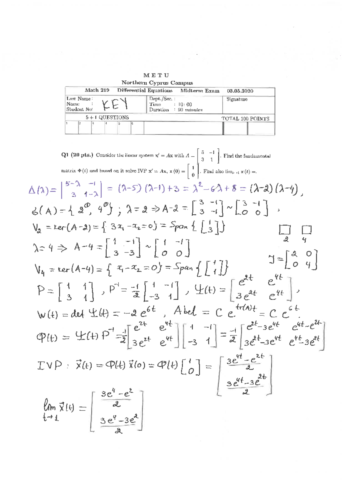 METU NC Math 219 Differential Equations Midterm Exam 03.05.2020 - Studocu