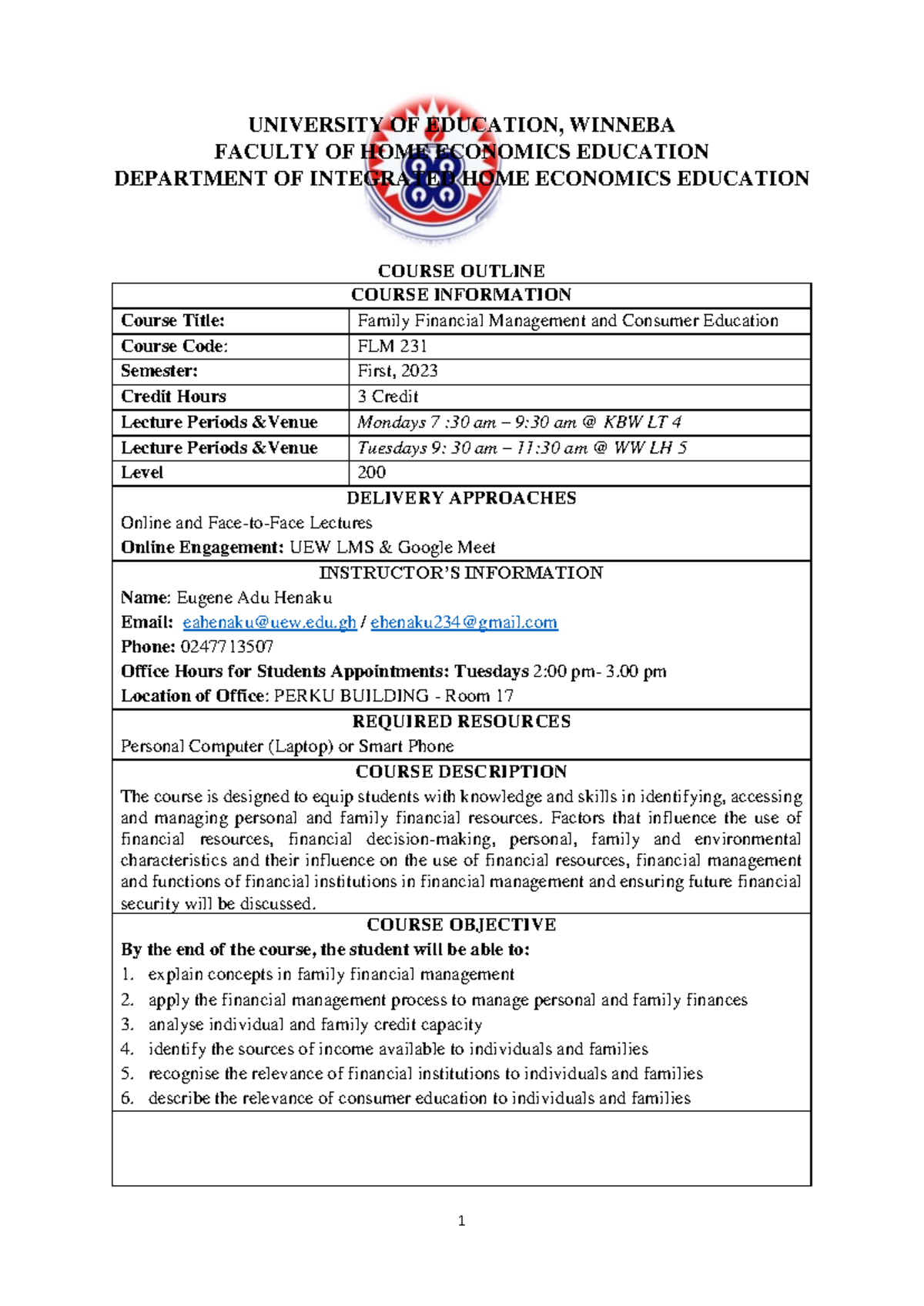 FLM 231 Course Outline: Family Financial Management & Consumer Ed - Studocu