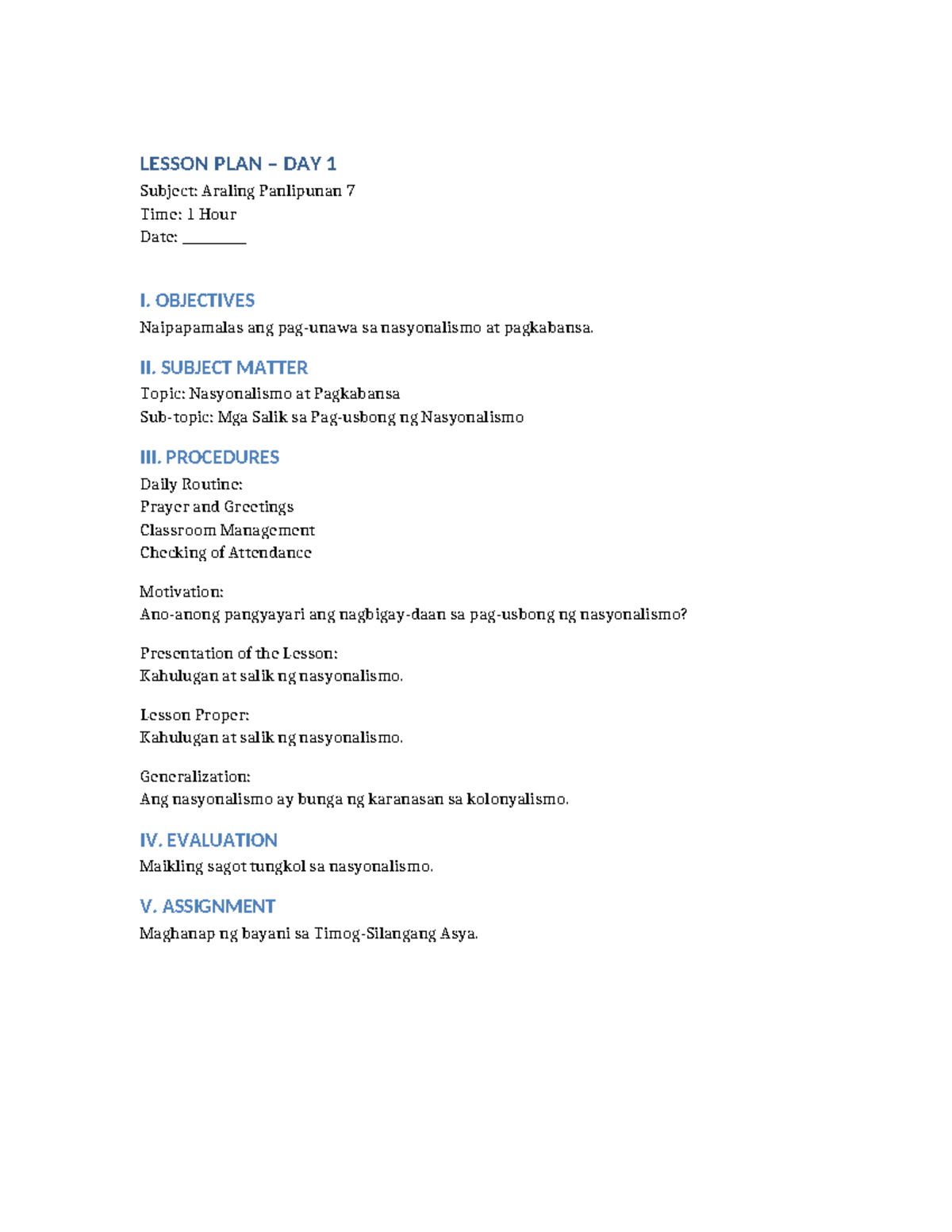 Grade 7 AP Weekly Lesson Plan: Nasyonalismo at Kasarinlan - Studocu