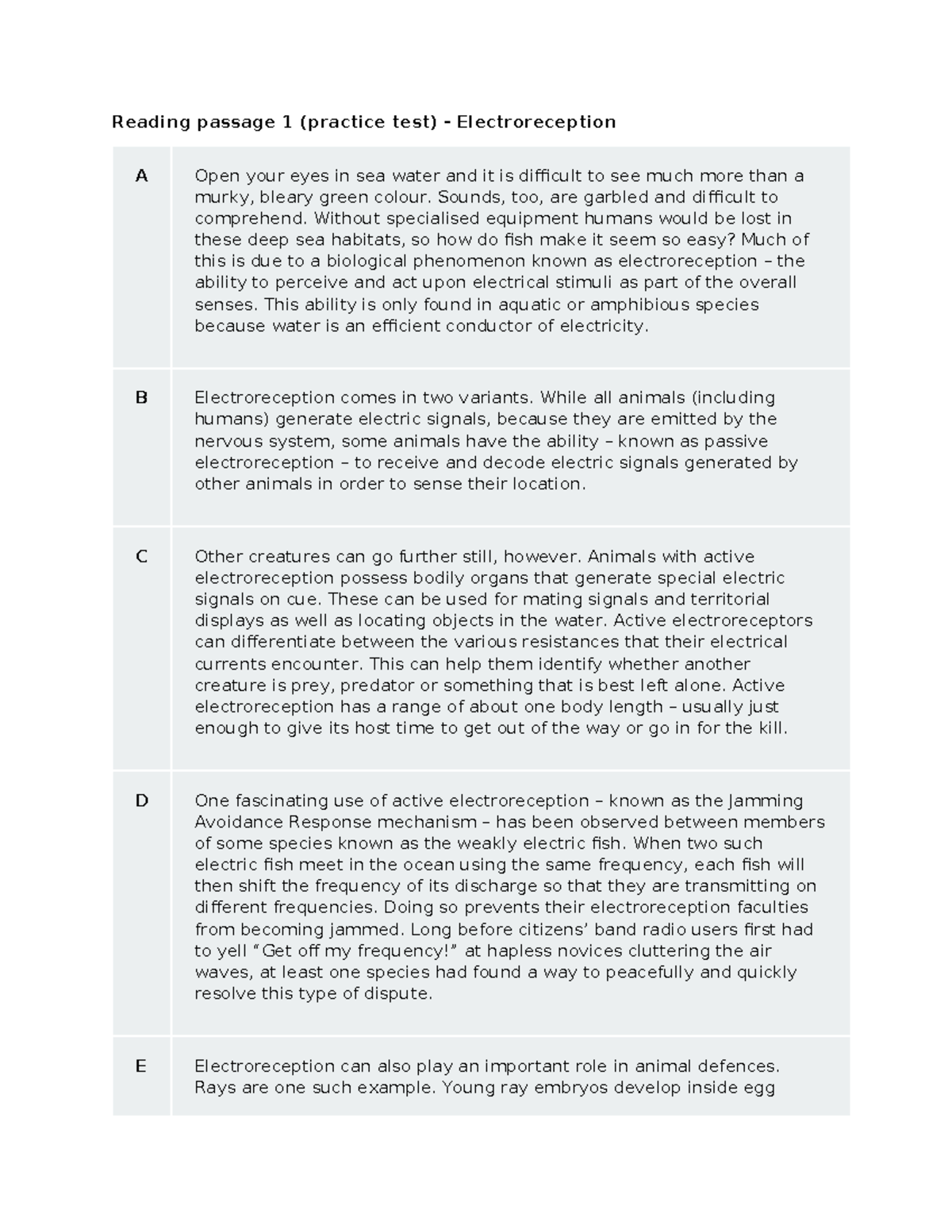 Electroreception in Aquatic Species: Practice Test Reading Passage 1 ...