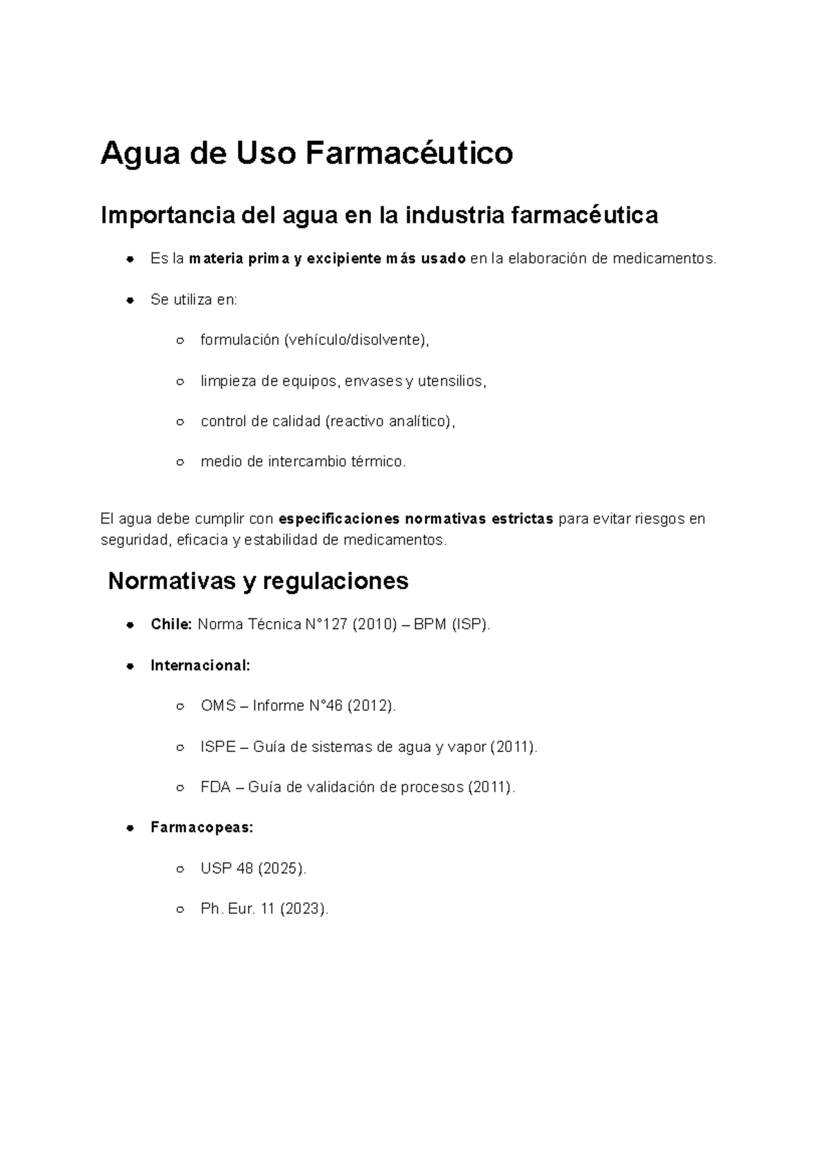 Importancia del Agua en la Industria Farmacéutica - Resumen TBL - Document Preview