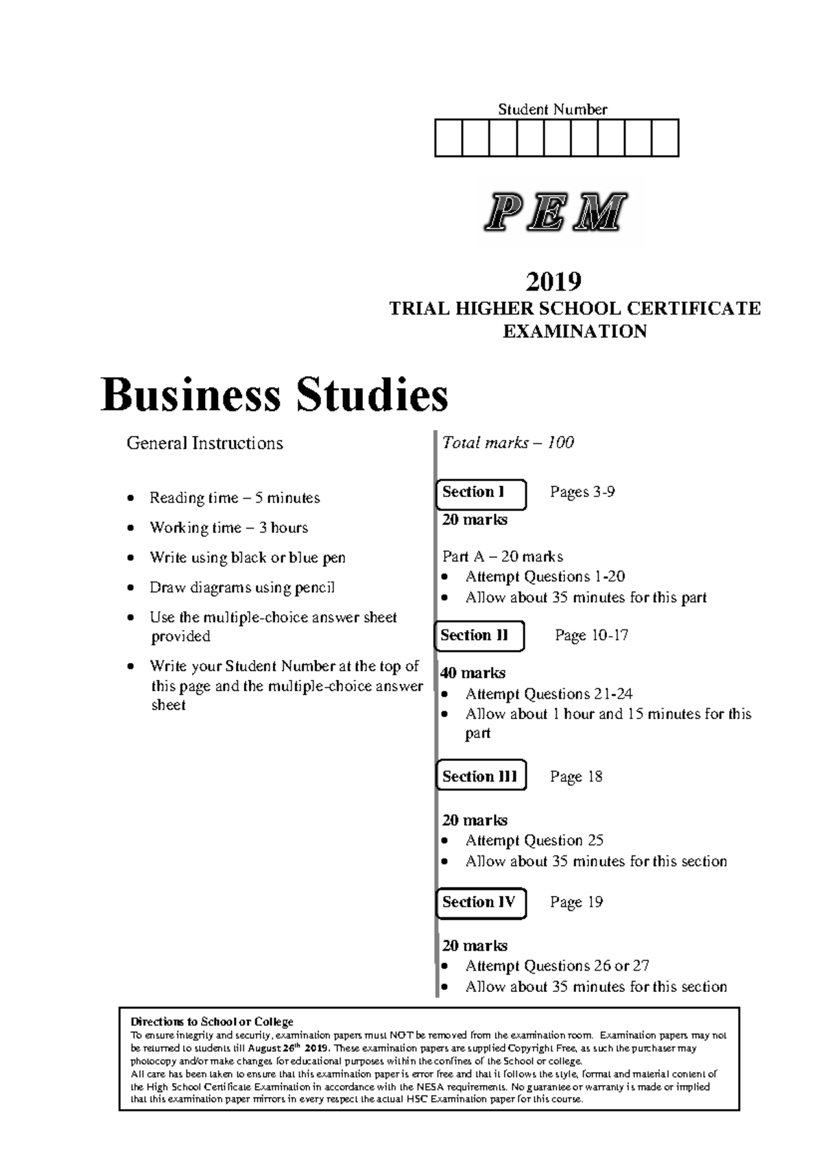 PEM 2019 HSC Business Studies Trial Exam Paper - Studocu