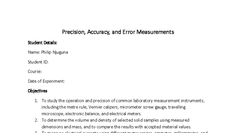 Precision and Accuracy in Measurement: Practical Lab Report - Studocu