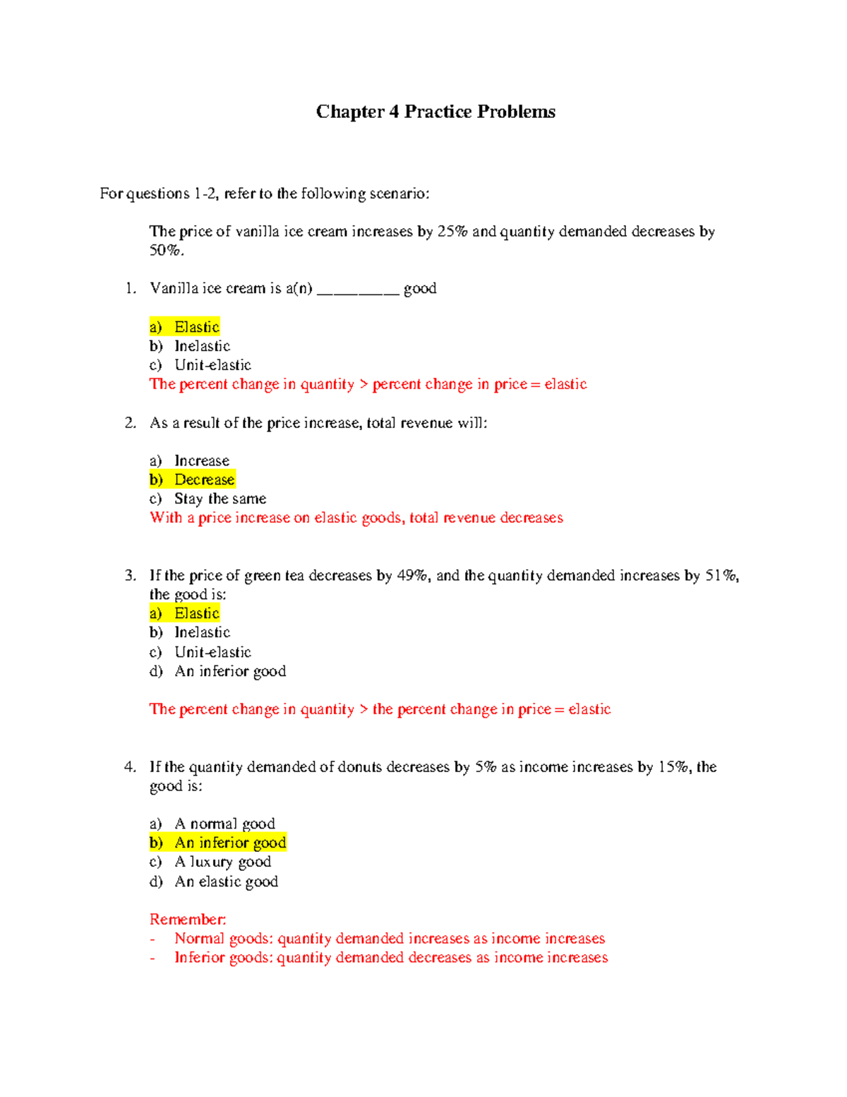 ECON 101: Chapter 4 Practice Problems on Elasticity and Demand Analysis ...
