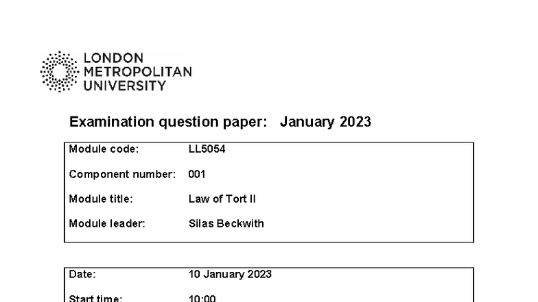 Law of Tort II Exam Paper: January 2023 (LL5054) - Studocu