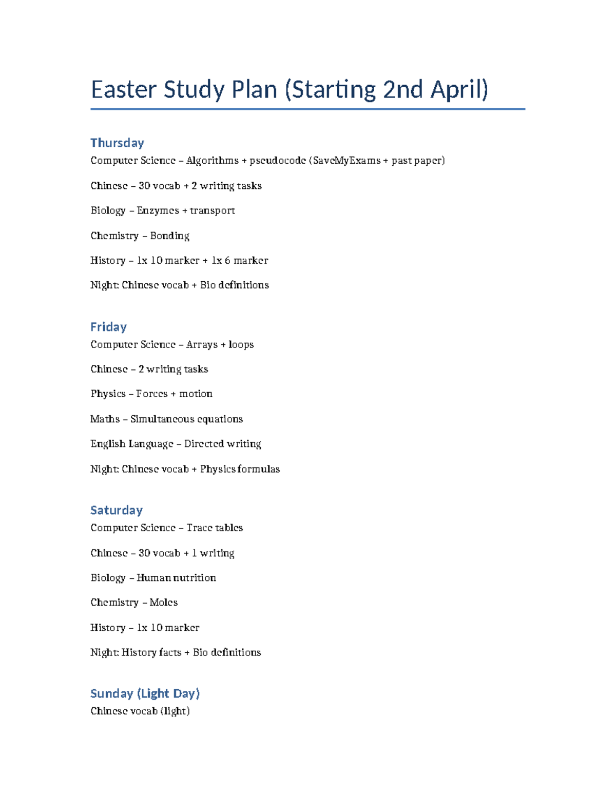 Easter Study Plan: Comprehensive Revision Guide for CS, Bio, Chem ...