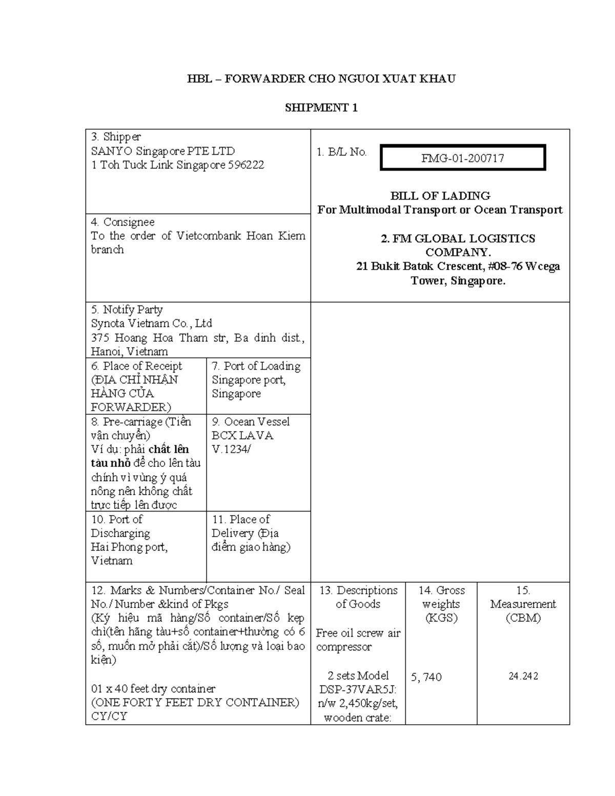 HBL & MBL Practice Document for Shipment 1 - HLCU123456789 - Studocu