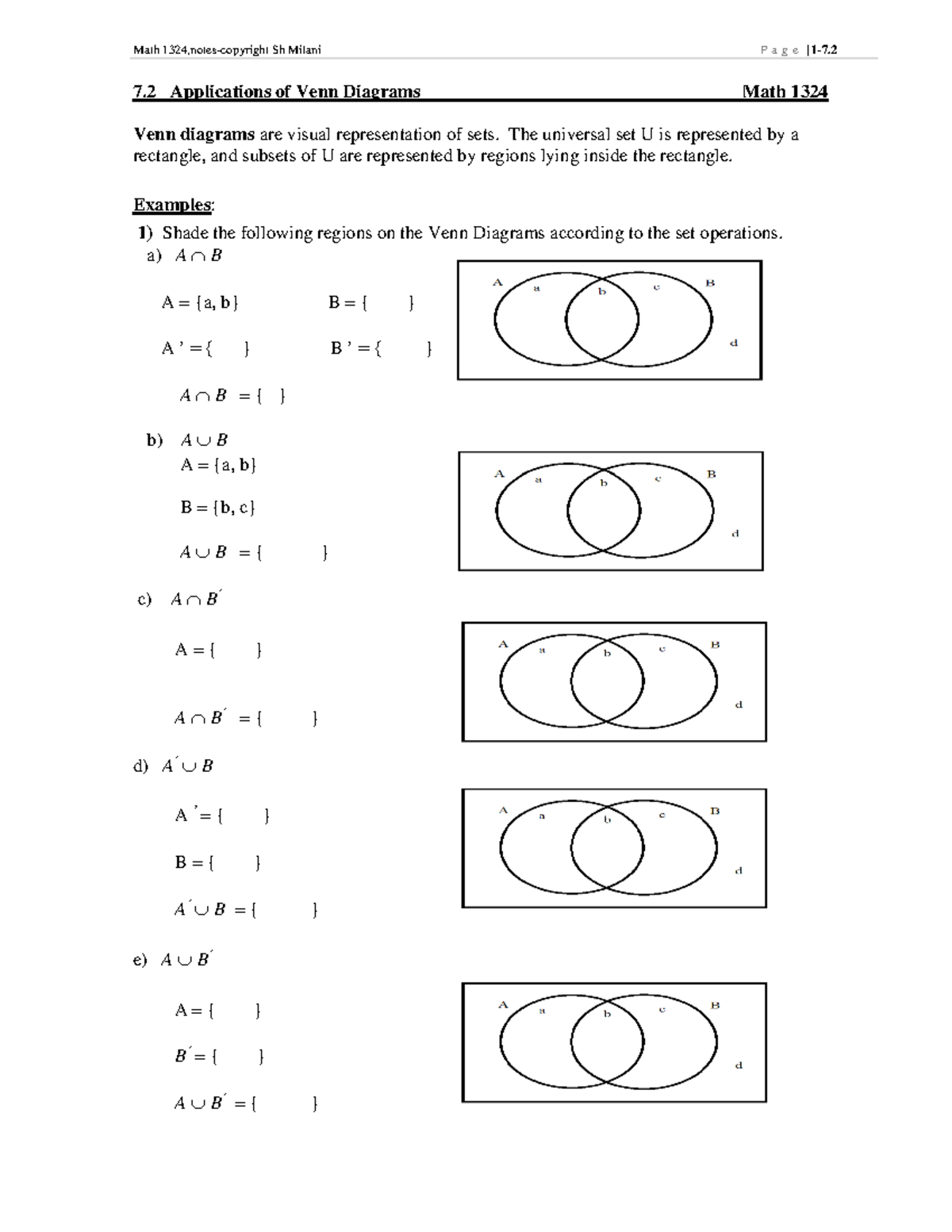 Math 1324 Lecture 7.2: Venn Diagrams & Applications Notes - Studocu