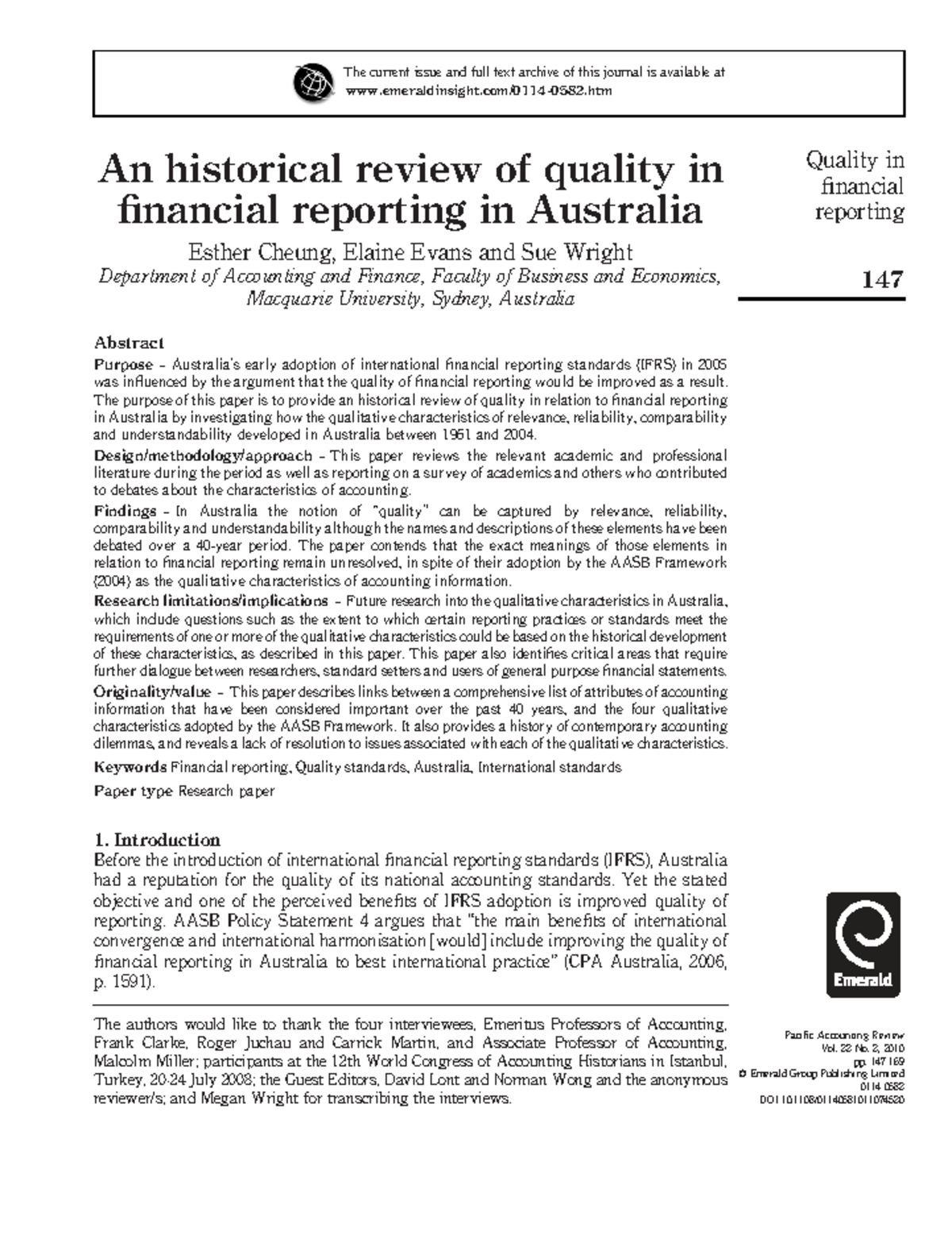 Historical Review of Quality in Financial Reporting in Australia (ACC ...