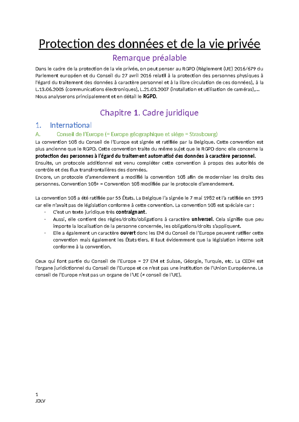 Synthèse sur la Protection des Données et la Vie Privée (UE RGPD) - Studocu