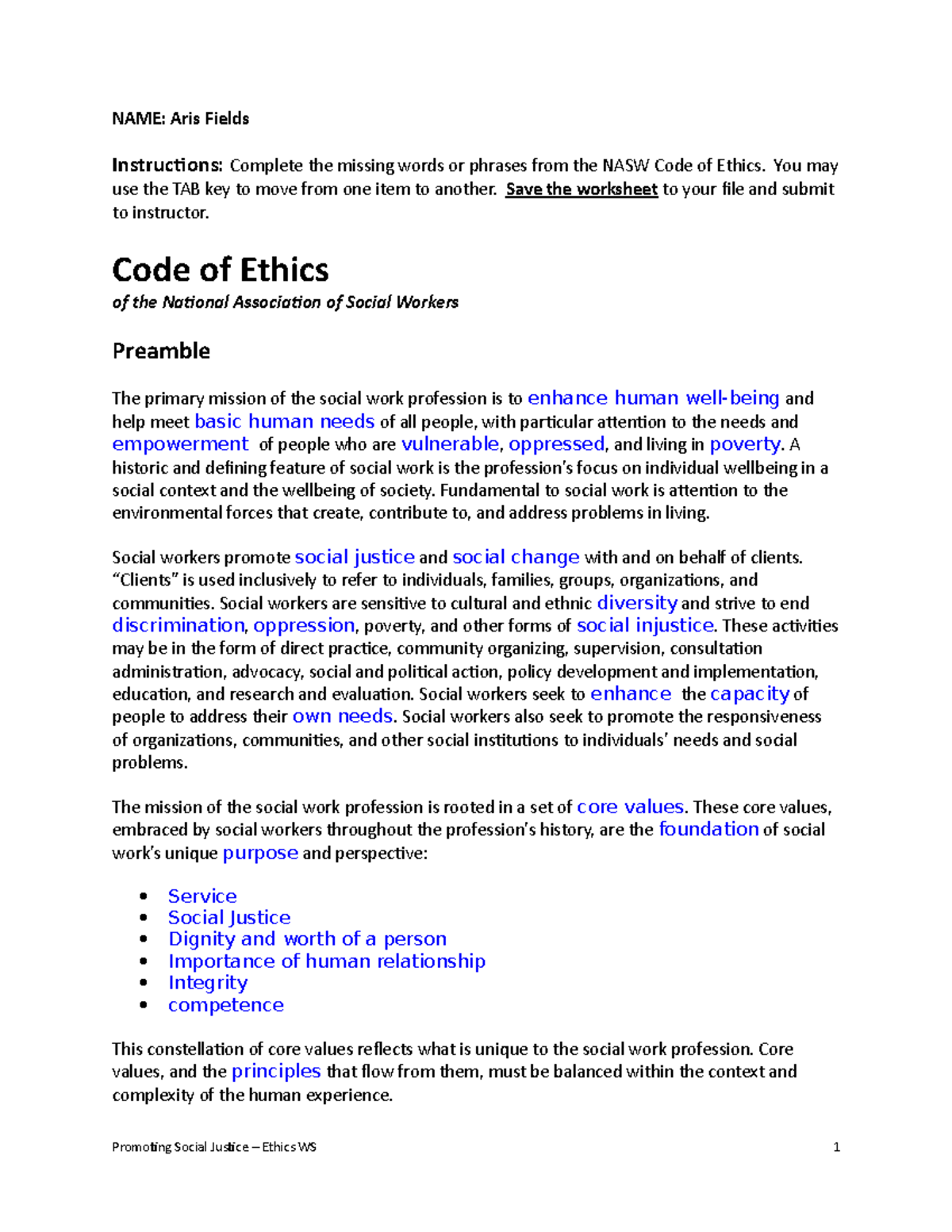 NASW Code of Ethics Worksheet for Social Work Professionals - Studocu