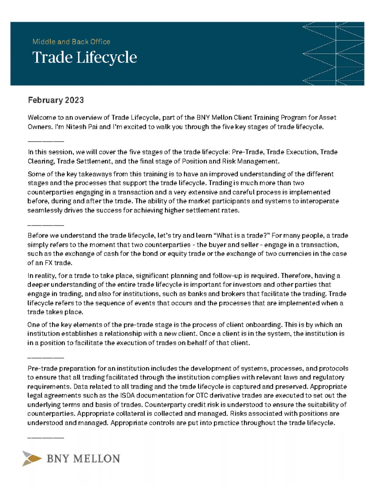 Trade Lifecycle Overview - Key Stages and Processes (BNY Mellon ...