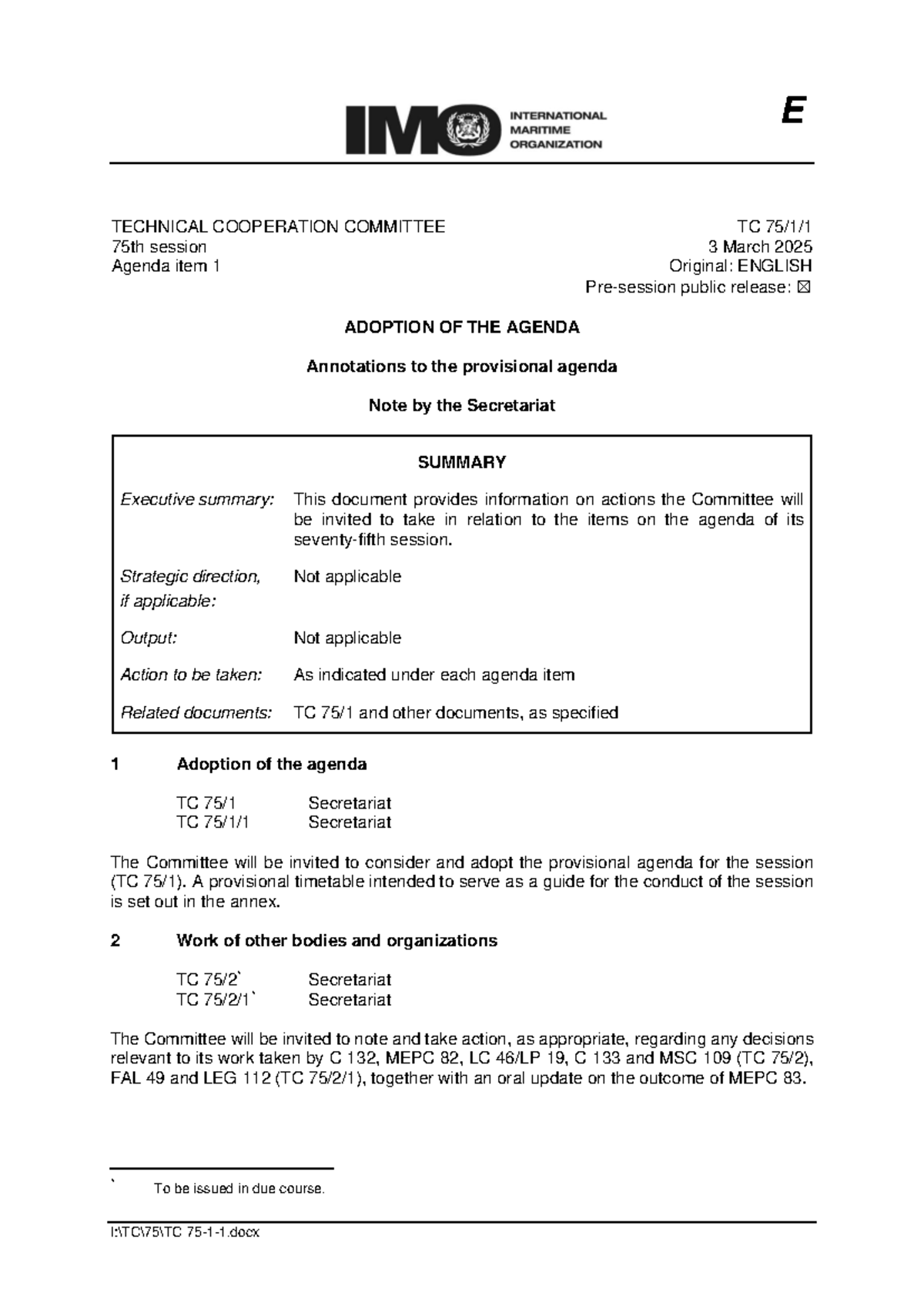 TC 75th Session Agenda: Adoption of Provisional Agenda and Key Items ...