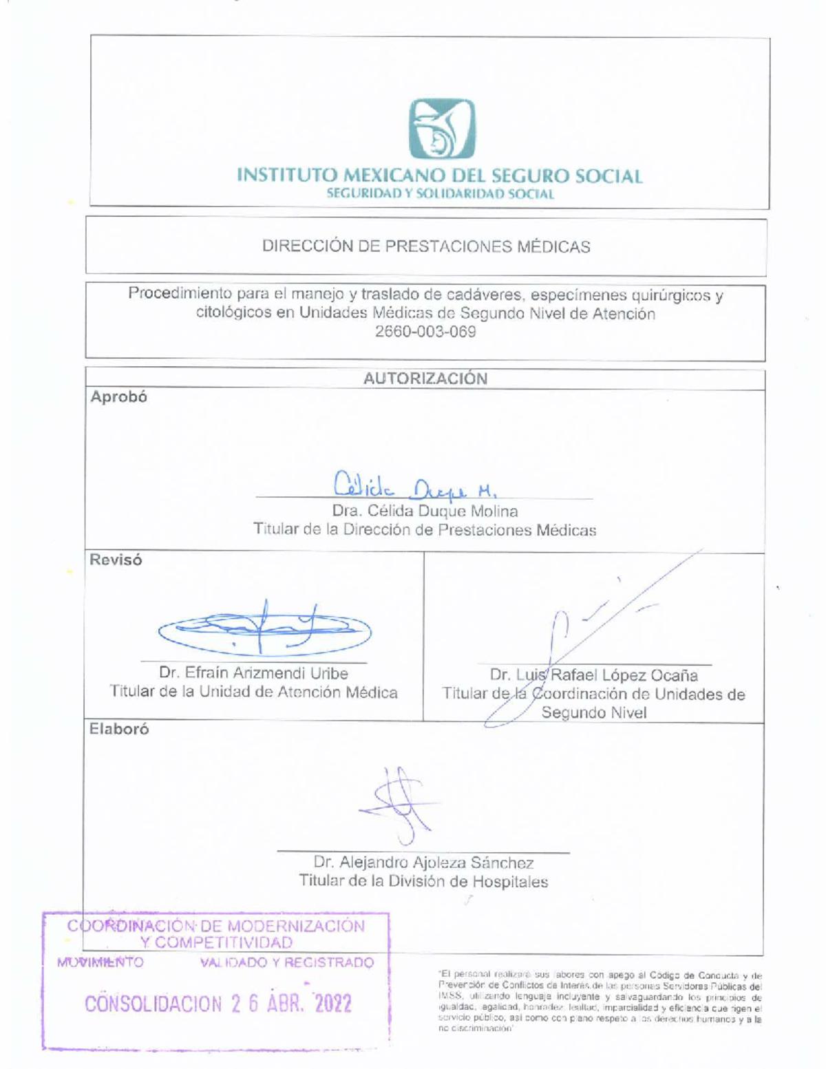 2660-003-069 Procedimiento para Manejo y Traslado de Cadáveres y