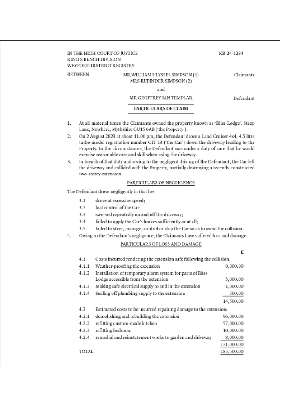Particulars of Claim Example: Negligence and Damages Analysis - Studocu