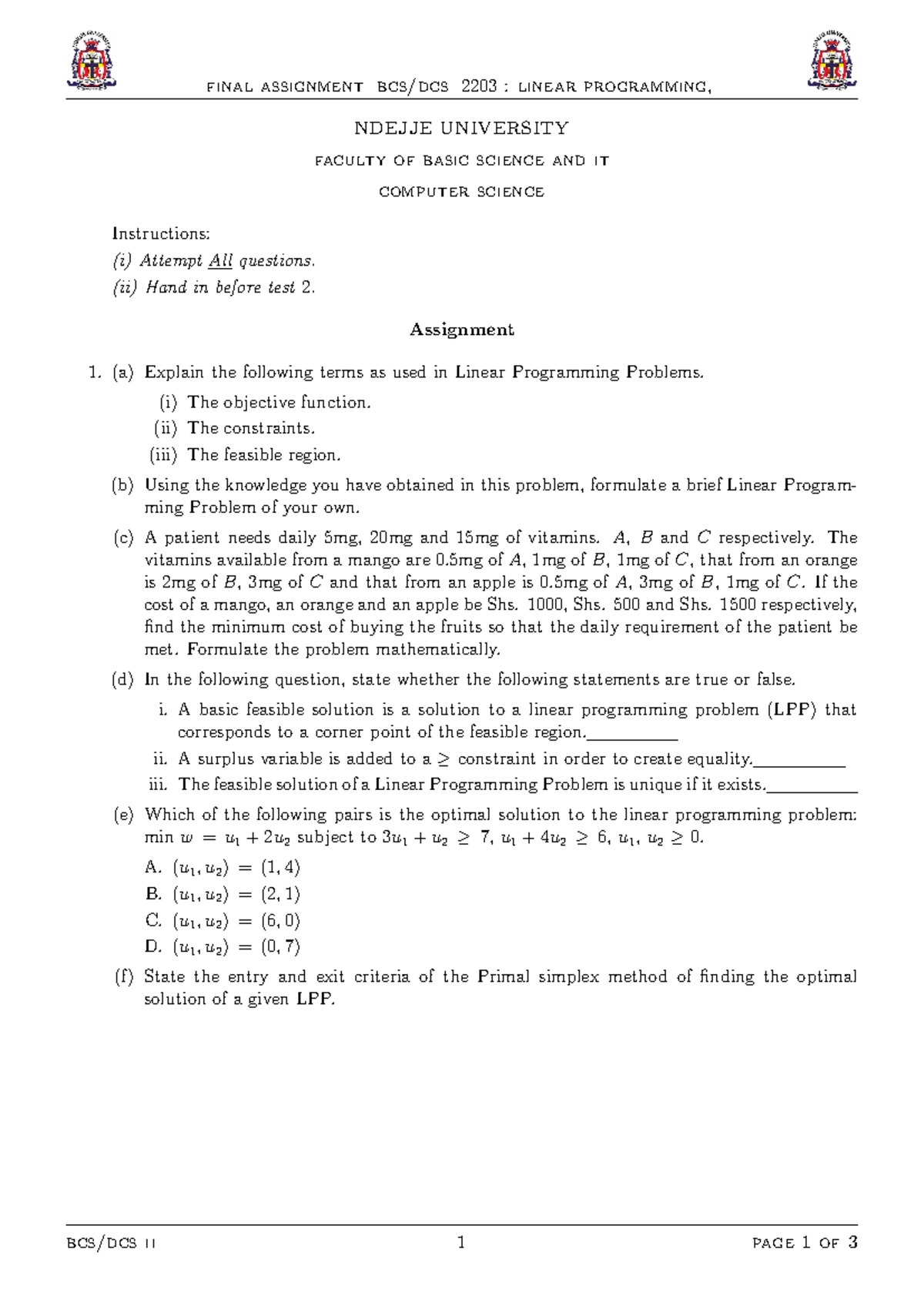 Final Assignment BCS/DCS 2203: Linear Programming and Applications ...