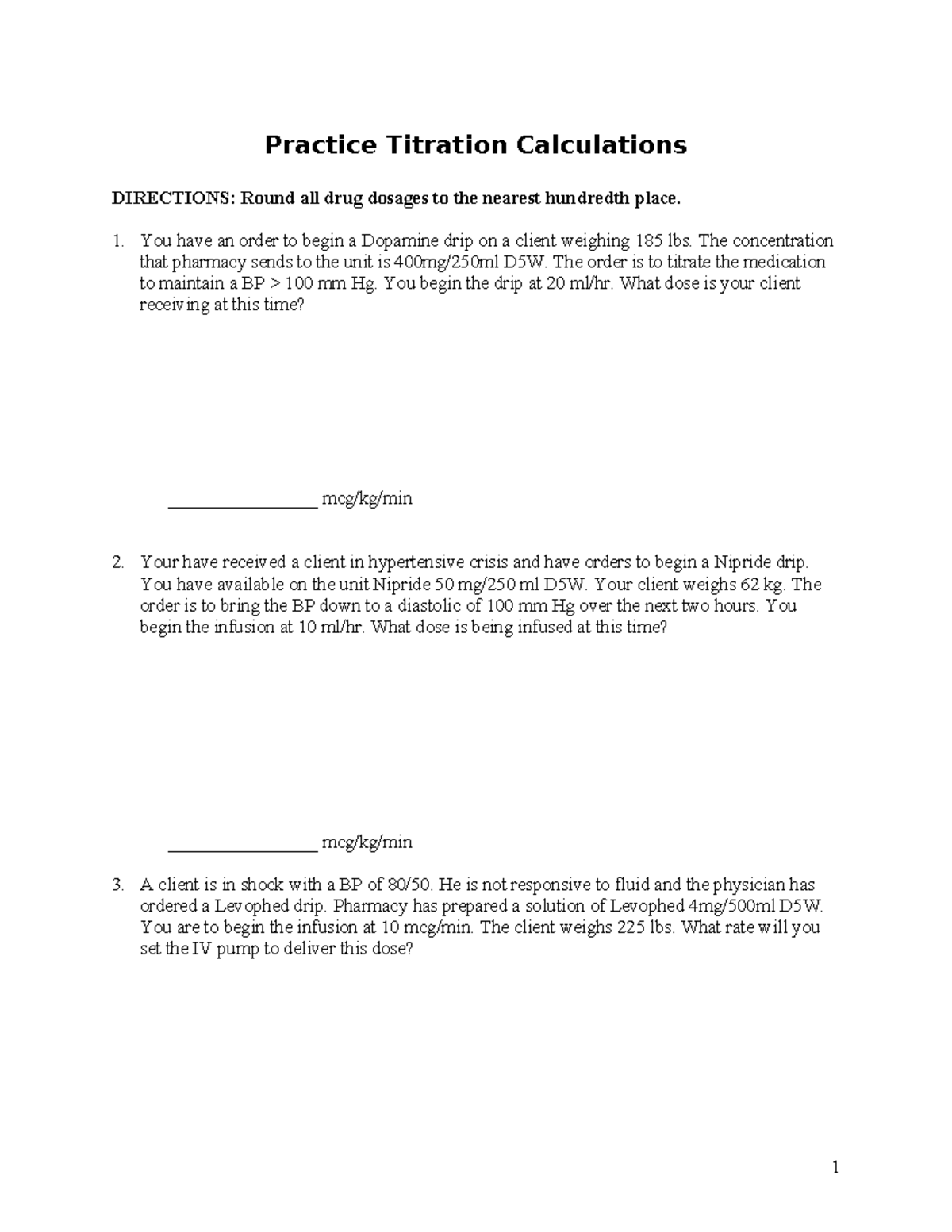 NUR 202: Practice Calculations for IV Medication Titration - Studocu