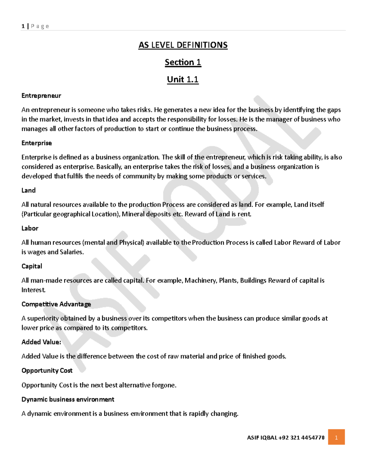 AS LEVEL DEFINITIONS: Key Concepts in Entrepreneurship and Business ...