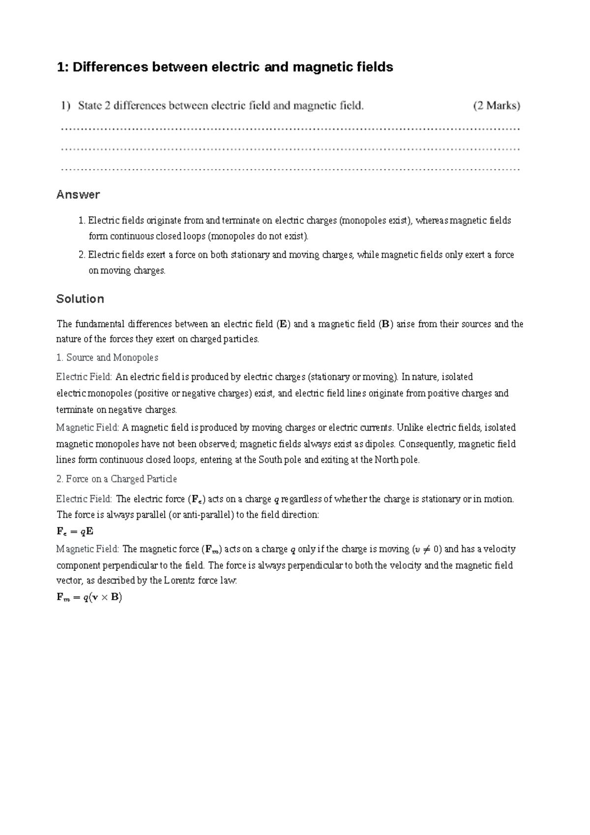 Differences Between Electric and Magnetic Fields - PHYS 101 Final Exam ...