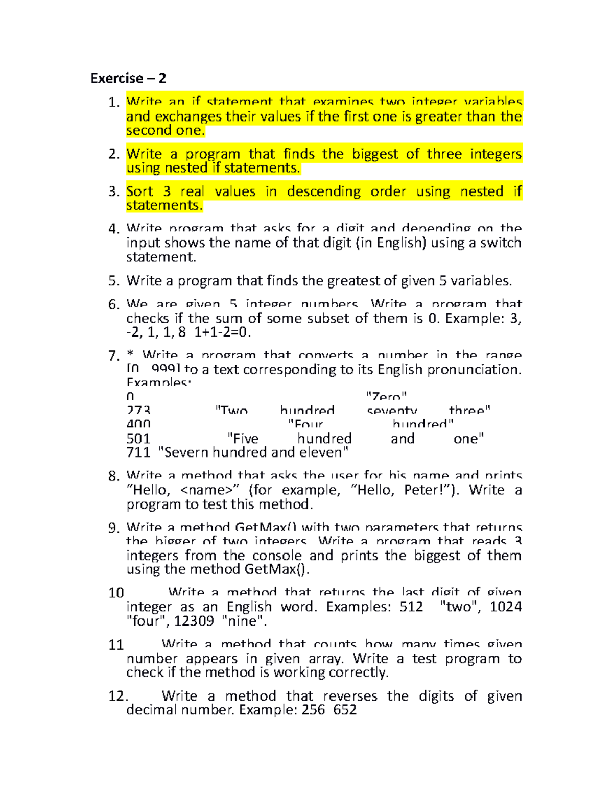 Exercise - 2 - assignent - Exercise – 2 1. Write an if statement that ...
