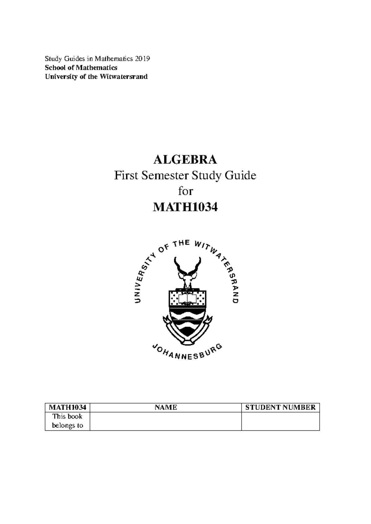 MATH1034A - 2019 Semester 1 Algebra Study Guide and Lecture Notes - Studocu