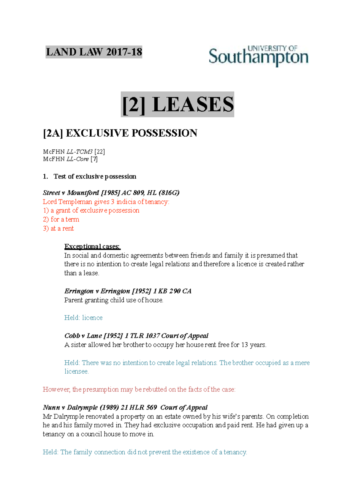 LL 17-18 Leases - Lecture Notes on Exclusive Possession and Tenancies ...
