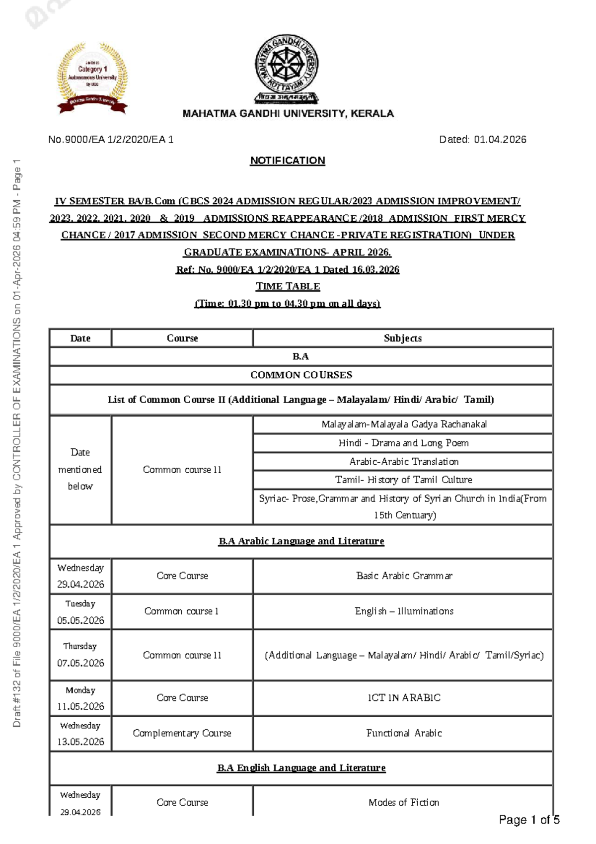 IV Semester CBCS 2024 Notification: Time Table for April 2026 - Studocu