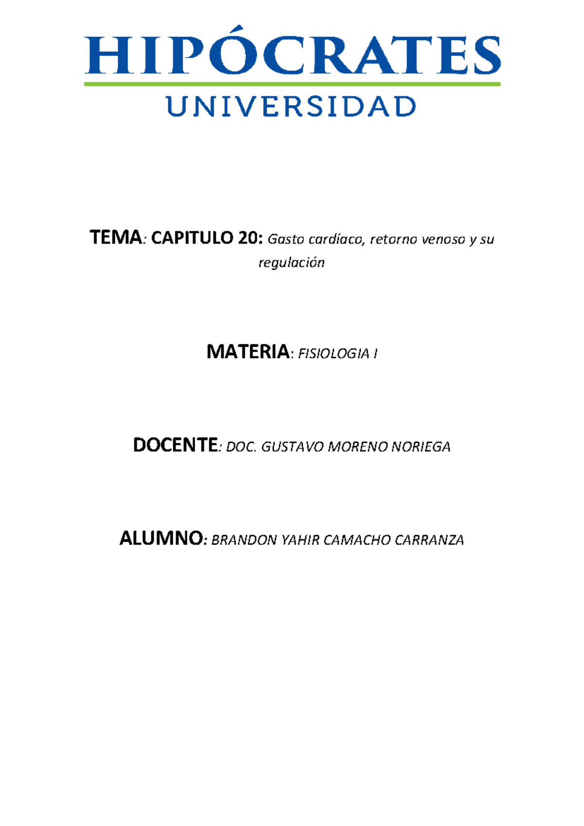 Gasto Cardíaco y Retorno Venoso: Capítulo 20 - Fisiología I - Document Preview