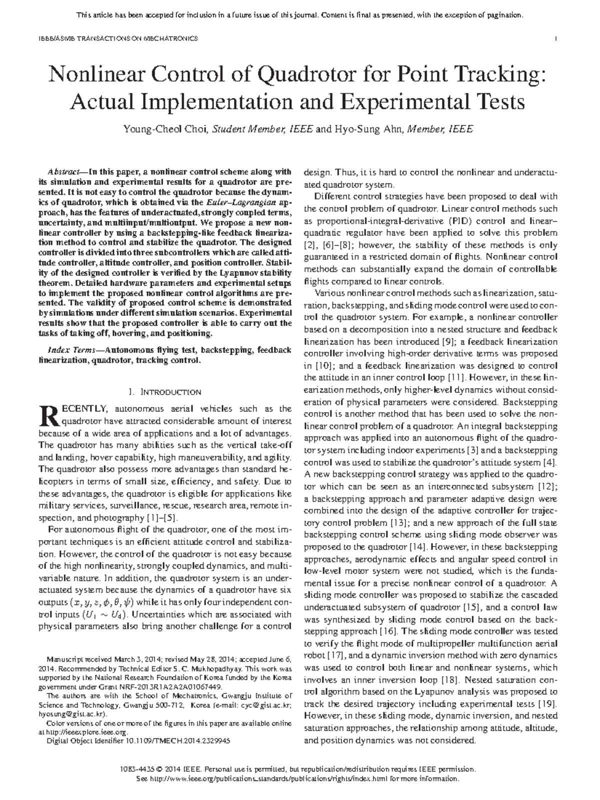Nonlinear Control of Quadrotor for Point Tracking: Implementation ...