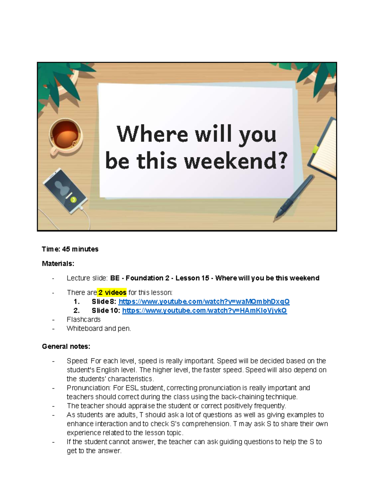 BE Foundation 2 Lesson 15: Weekend Plans and Activities - Studocu