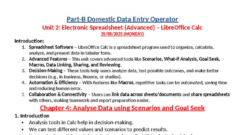 Unit 2 Electronic Spreadsheet (Advanced) – Libre Office Calc S-1 to 7 ...
