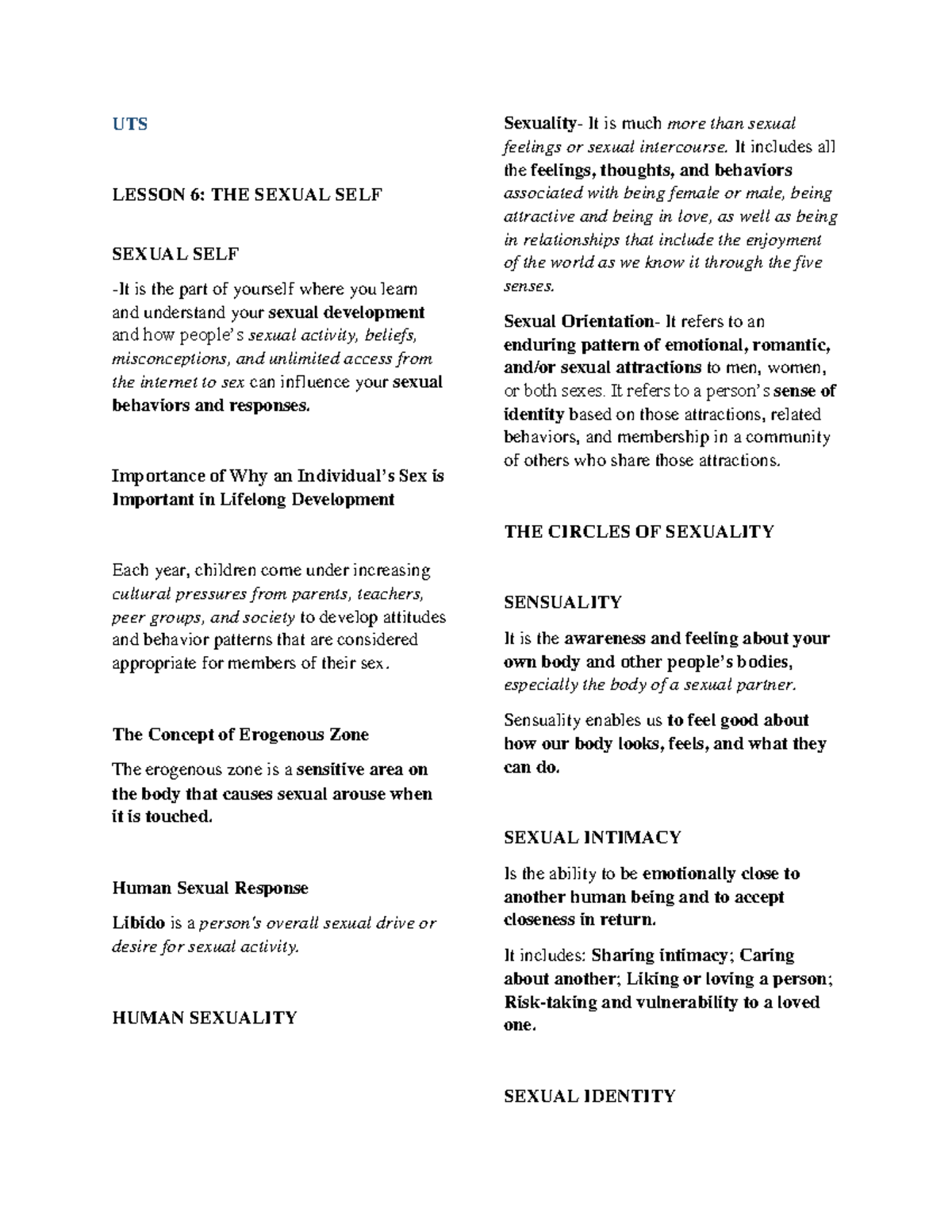UTS LESSON 6: UNDERSTANDING THE SEXUAL SELF AND DEVELOPMENT - Studocu