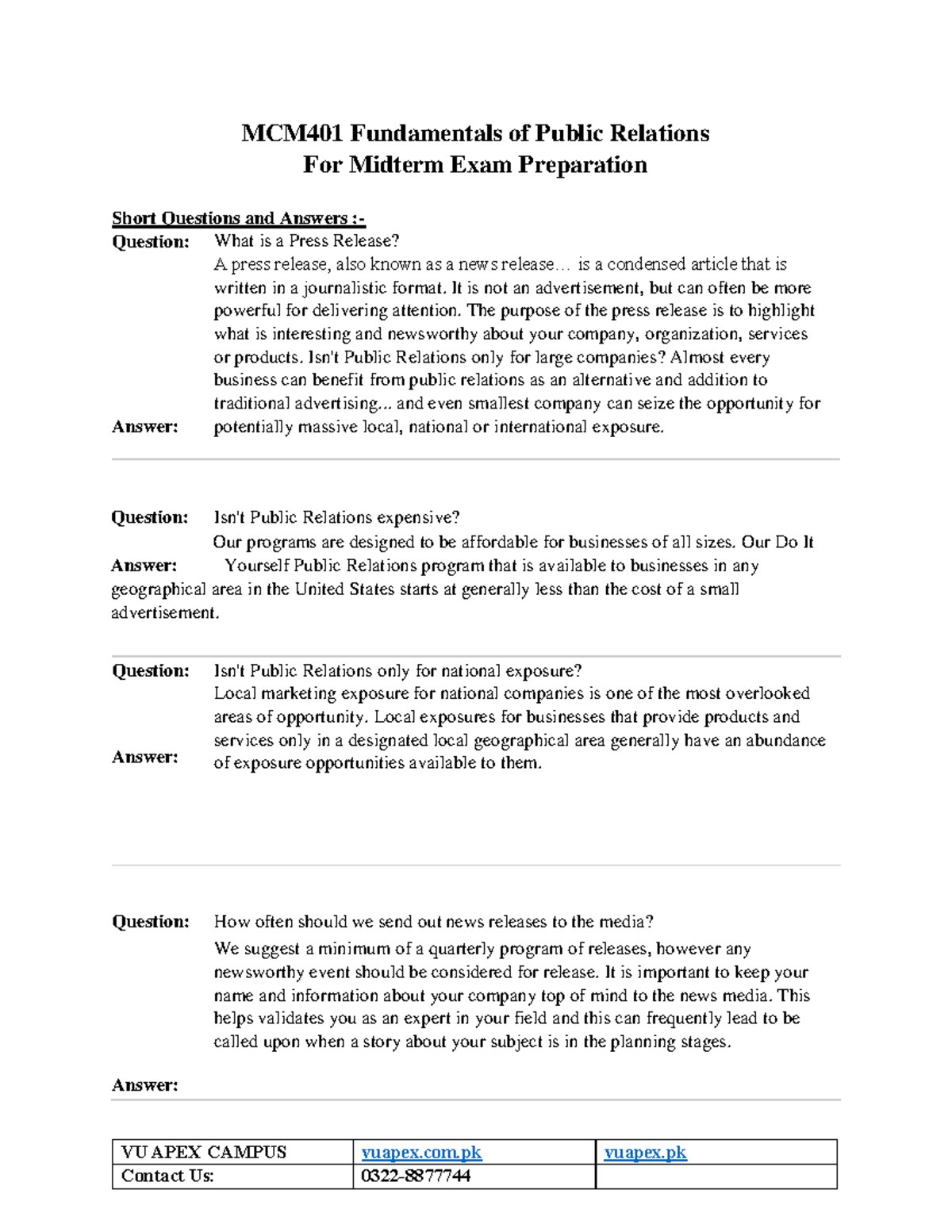 MCM401 Midterm Exam Prep: Short Q&A on Public Relations Fundamentals ...