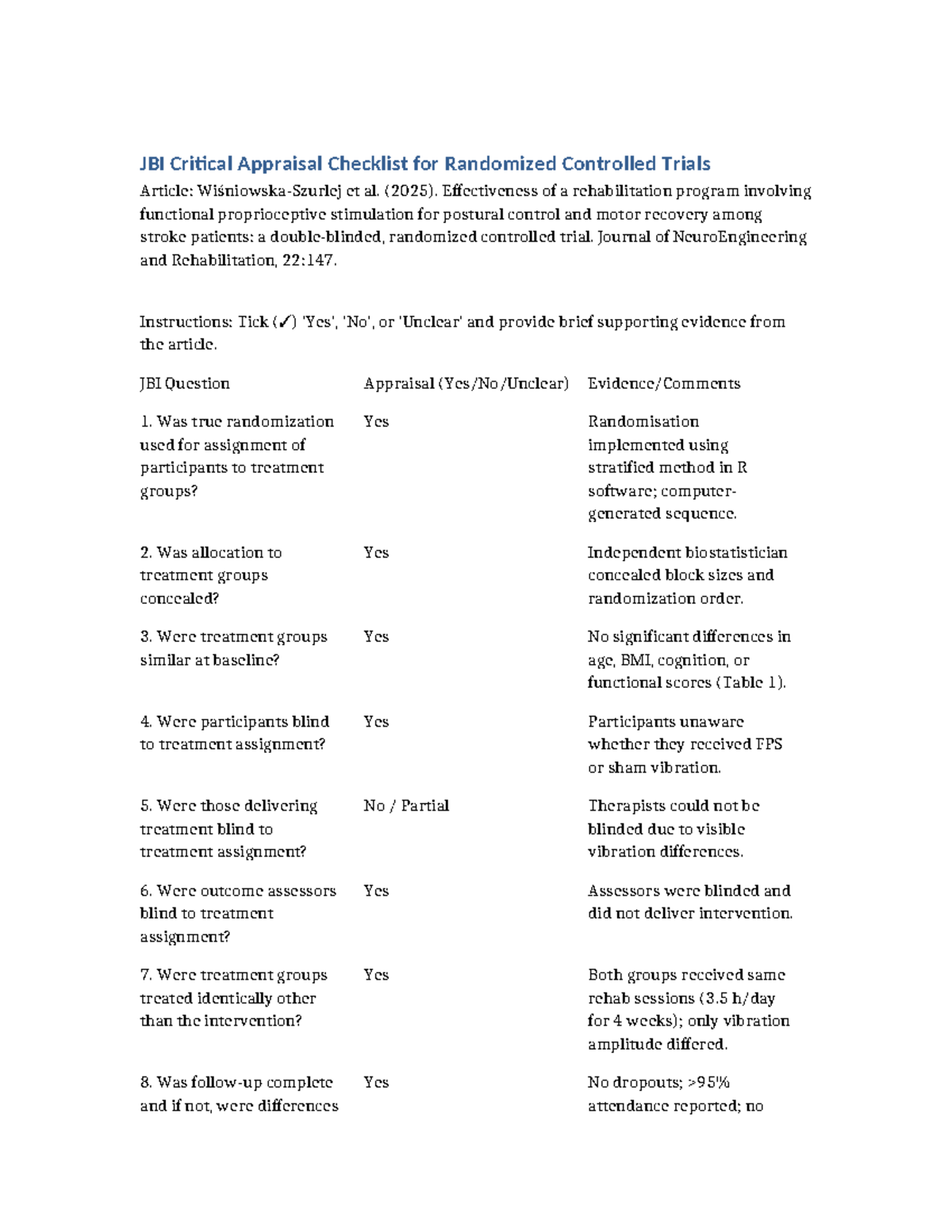 JBI Critical Appraisal Checklist for RCTs: Wisniowska Szurlej 2025 ...