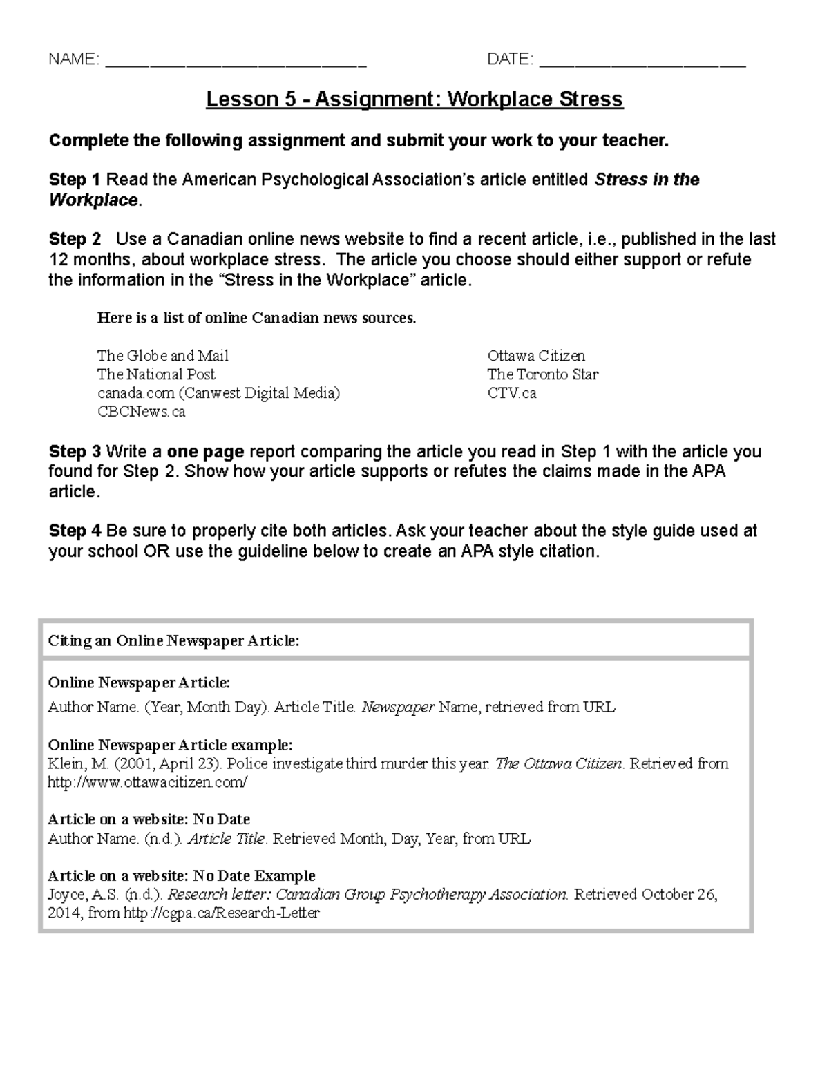 Lesson 5 assignment - workplace stress - NAME ...