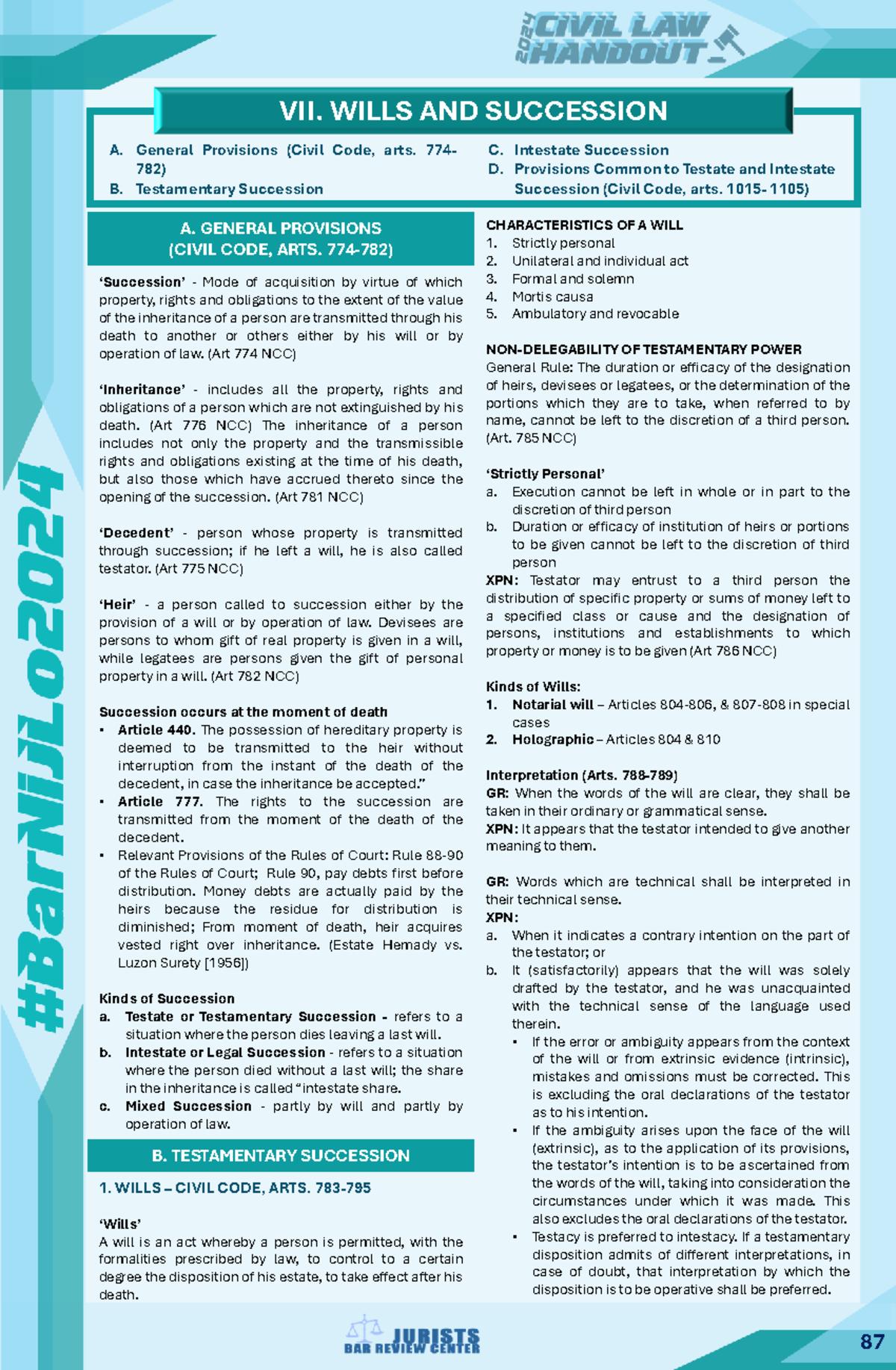 2024 Civil Code Wills & Succession Notes (Arts. 774-1105) - Studocu